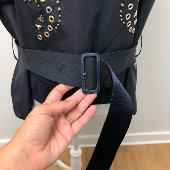 Sacai Grommet Blouse Top Womens Medium Blue White Short Sleeve Belted Edgy Urban - Picture 5 of 12